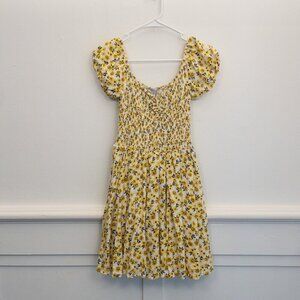 Justify Yellow Floral Puff Sleeve Dress Large Smocked Bodice Built-In Shorts